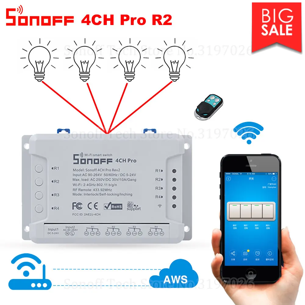 Itead Sonoff 4CH Pro R2 Wifi переключатель 4 канала инчинг самоблокирующийся замок умный WiFi RF пульт дистанционного управления работа с Alexa