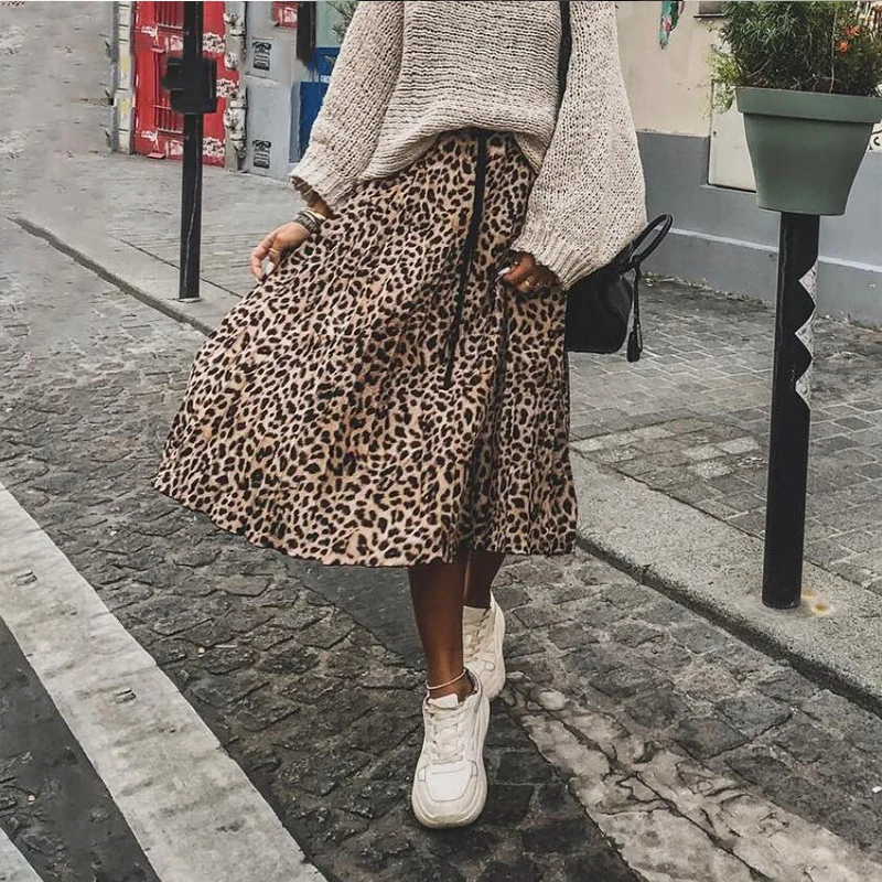 Vintage Leopard Print Pleated Skirts Women Punk Rock Korean Skirt Streetwear Drawstring Elastic Waist Ladies Midi | Женская одежда