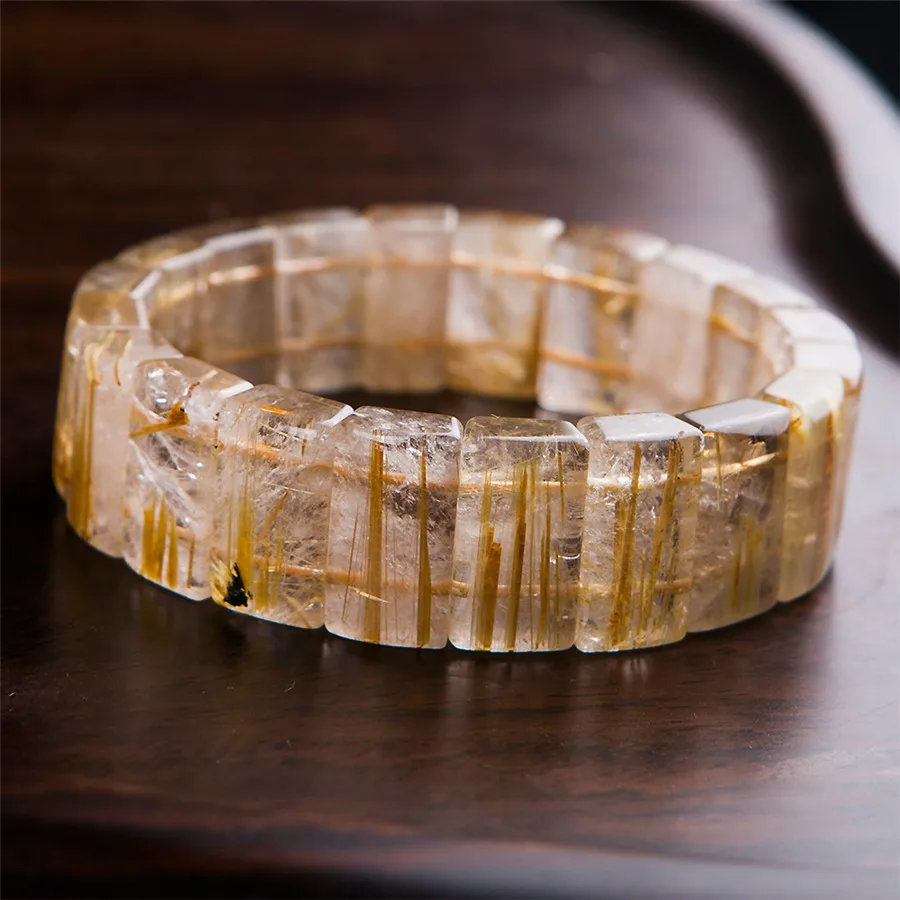 Genuine Natural Golden Rutilated Quartz Crystal Rectangle Beads Fashion Power Stretch Charm Bracelet 17*7mm | Украшения и