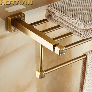 Алюминиевая настенная квадратная Античная латунная вешалка для банных полотенец, активный держатель для полотенец, двойная Полка для полотенец, аксессуары для ванной