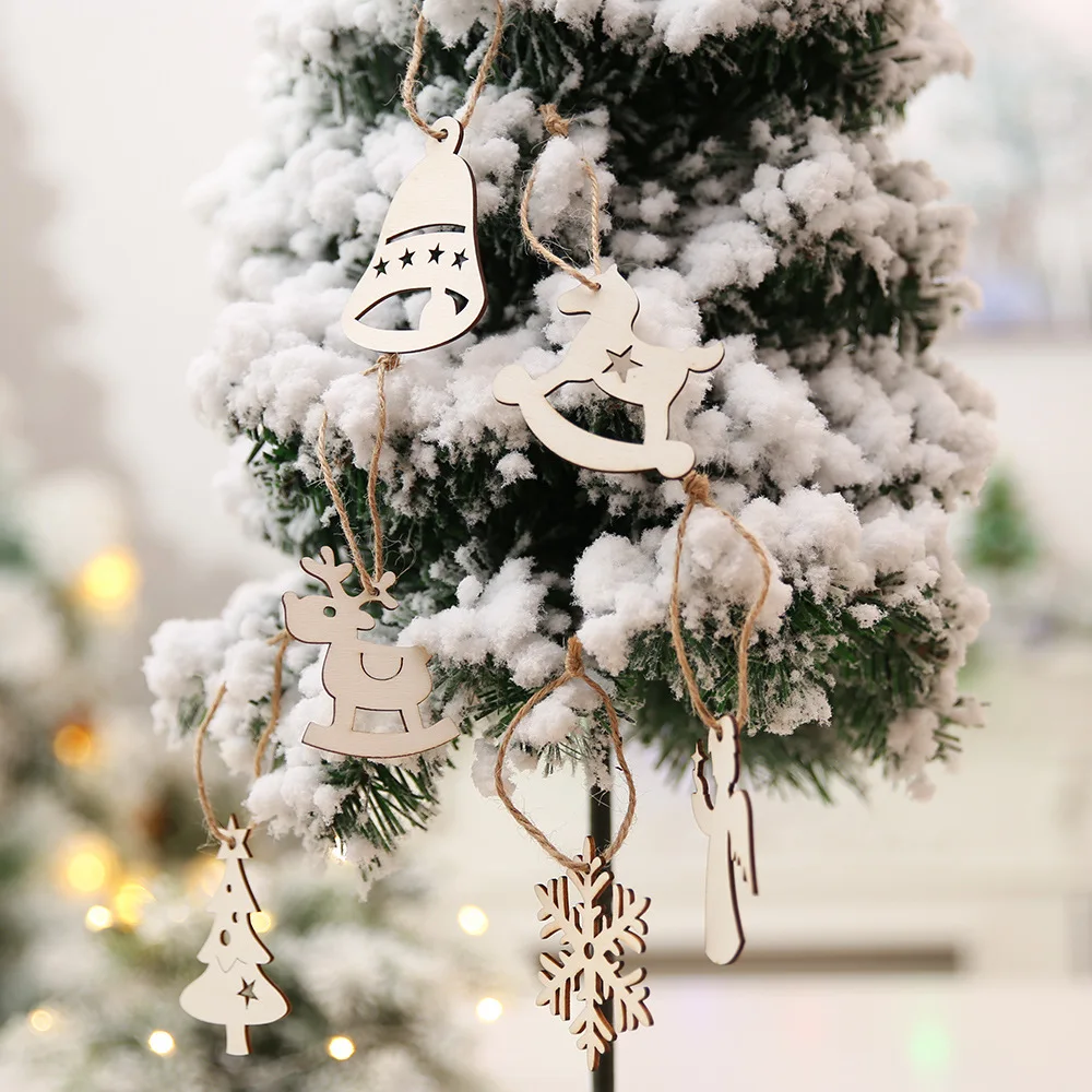 10Pcs/lot Christmas Tree Hanging Ornaments Wooden Snowflake Santa Claus Bells Party Decorations | Дом и сад