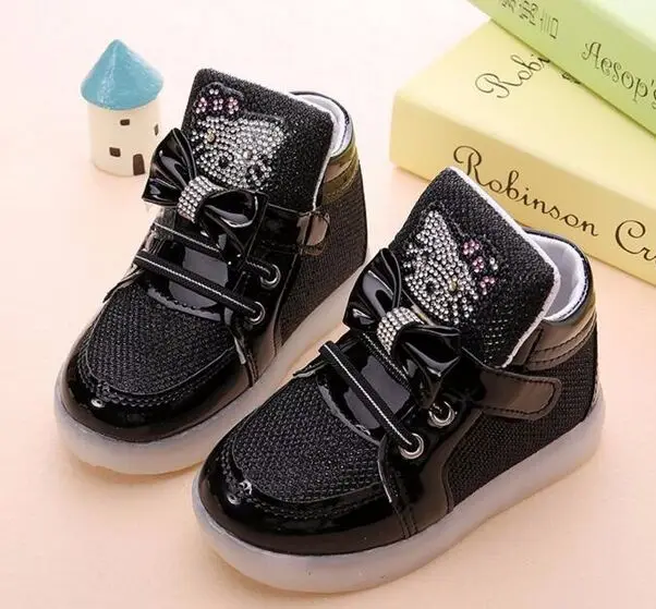 Children Shoes 2018 New Spring Hello Kitty Rhinestone Led Girls Princess Cute With Light EU 21-30 | Детская одежда и обувь