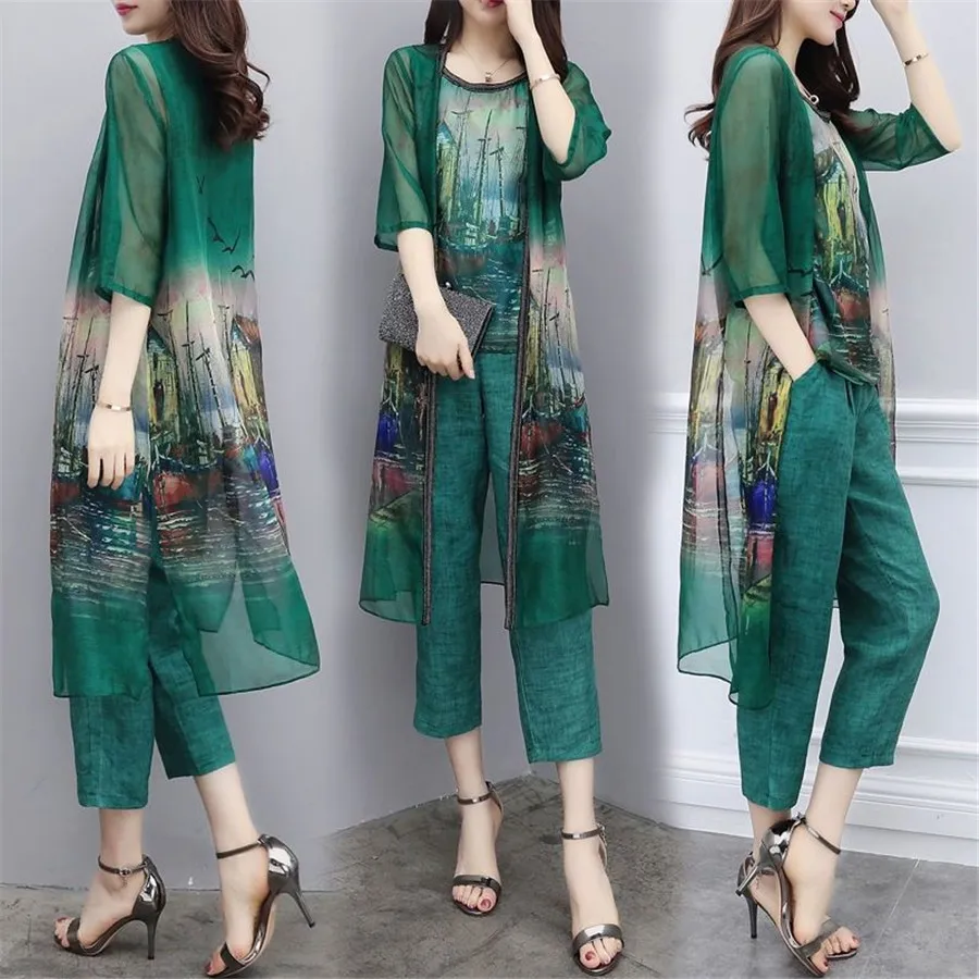 

Cardigan 3 Piece Set Women Chiffon Ensemble Femme Deux Pieces Trousers Suit Conjunto Feminino Women's Tracksuit