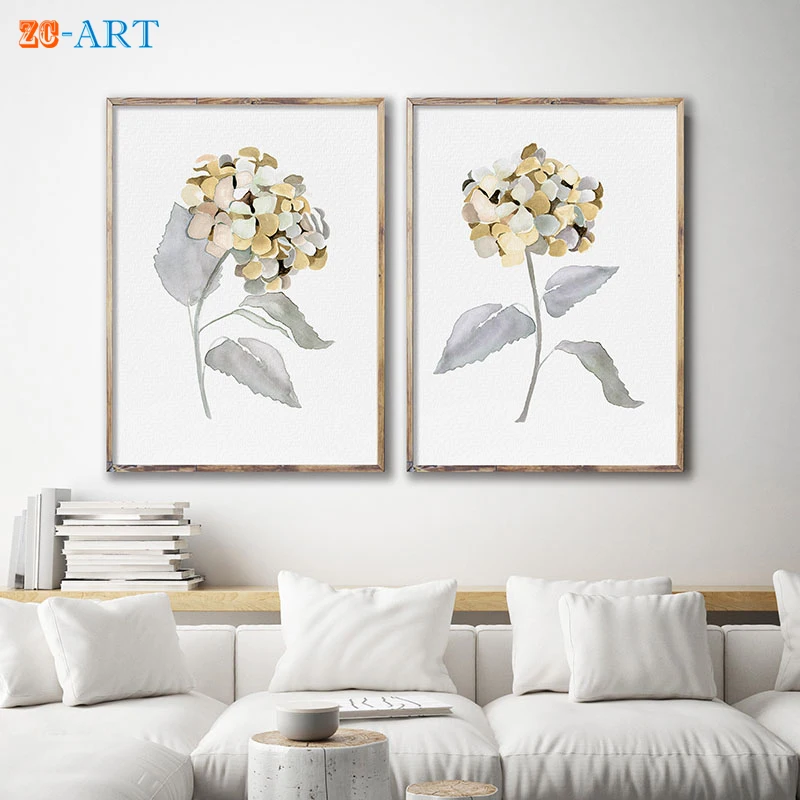 Набор в рамке из 2 акварельных гортензий цветочный рисунок минималистичный