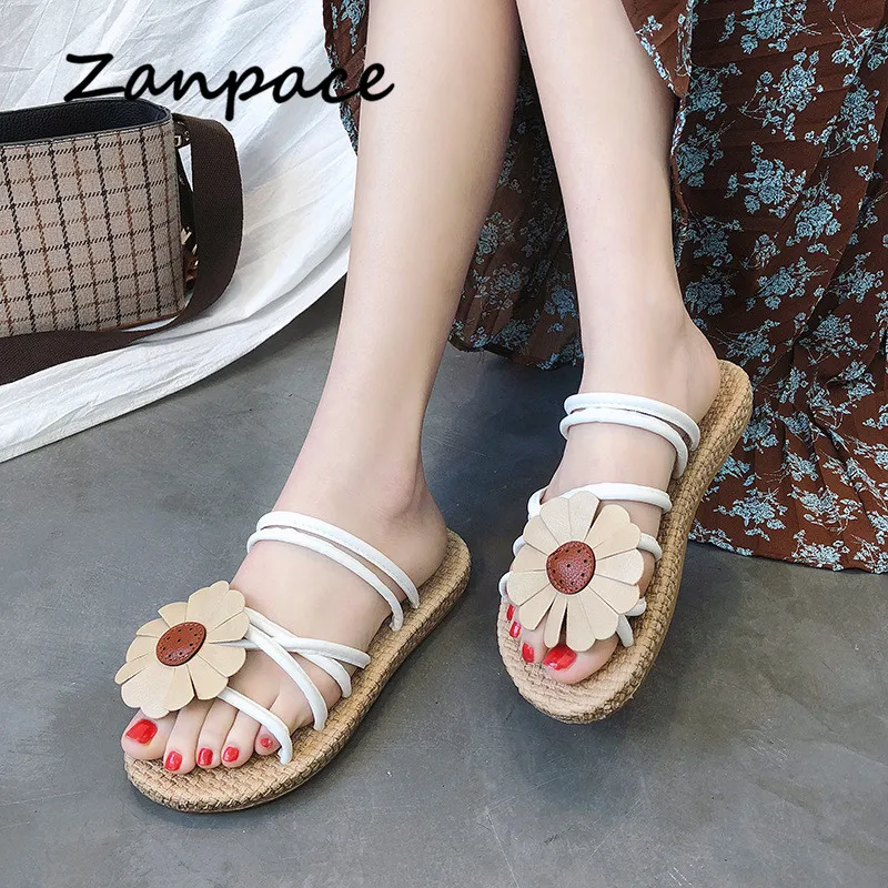 Шлепанцы женские летние с цветочным принтом повседневные сандалии на плоской