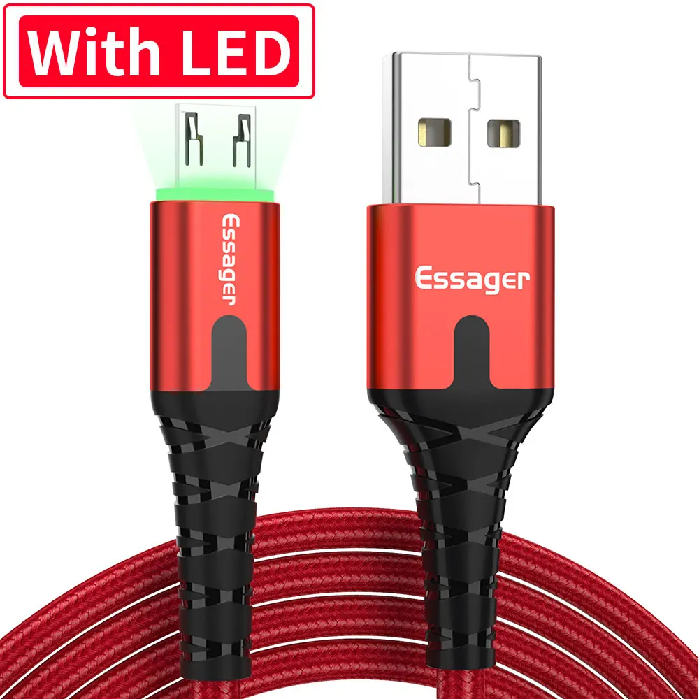Essager светодиодный кабель Micro USB кабель для быстрой зарядки и передачи данных 2 м 3 м кабель для зарядного устройства Microusb для мобильного телефона samsung Xiaomi LG Android - Цвет: With LED Red
