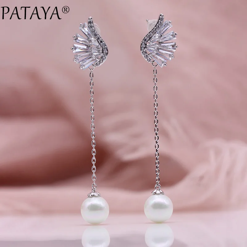 PATAYA, новинка 925, Серебряные длинные серьги, для женщин, кленовый лист, модная жемчужина, гипербола, ювелирное изделие, натуральный циркон, серьги-гвоздики