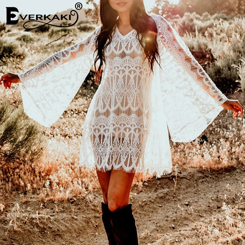 Everkaki Boho прозрачное кружевное мини-платье для женщин пляжный комбинезон