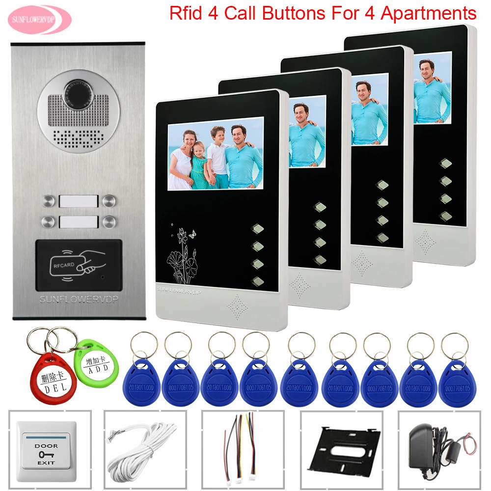 

4.3inch Video Intercom 4 Apartments Key For The Entrance Door Intercom Access Control Video Intercom With Lock Video Door Phones