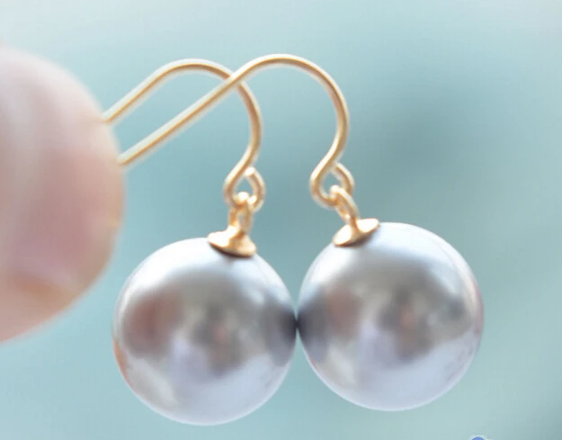 &gt 12mm gray ROUND SOUTH SEA SHELL PEARL DANGLE EARRING P3804 | Украшения и аксессуары