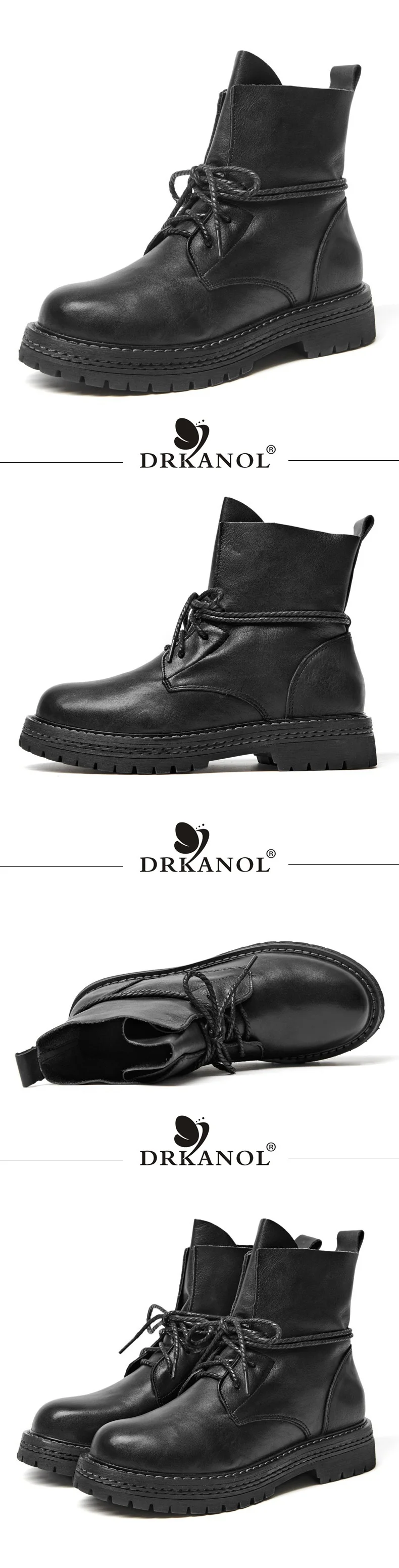 DRKANOL/сезон осень-зима; теплые женские Ботинки martin до середины икры; обувь из натуральной коровьей кожи на толстом каблуке; мотоботы с круглым носком; Цвет Черный