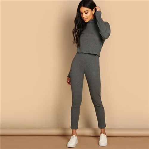 SHEIN Однотонный Трикотажный Костюм Топ с Длинными Рукавами И Брюки Стильный Комплект С Высоким Воротником - Цвет: Серый