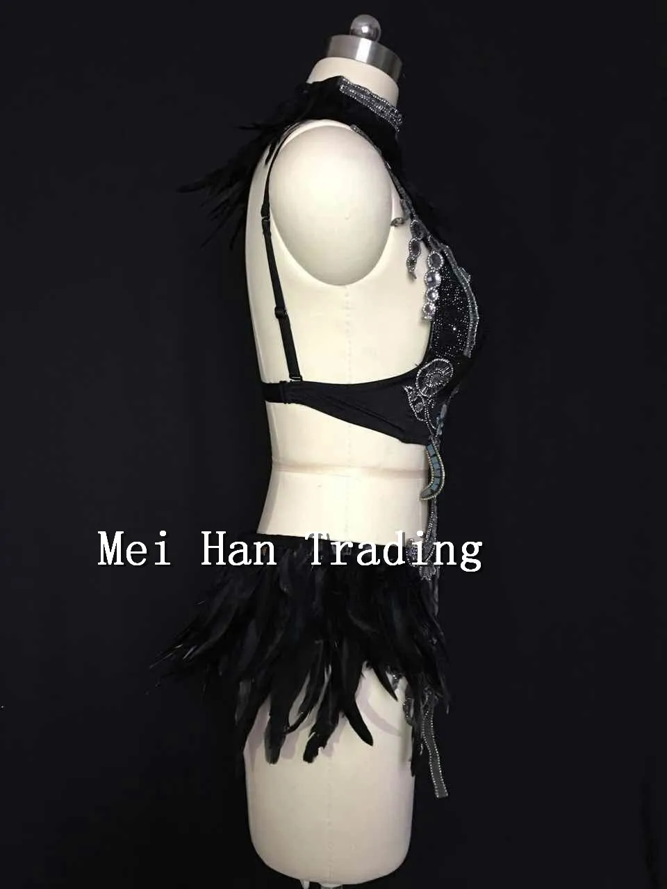 Bright Sequins Black Feather Bodysuit Stage Dancewear Costume Set Female Singer Prom Wear Fashion Show Dj Outfit Clothing