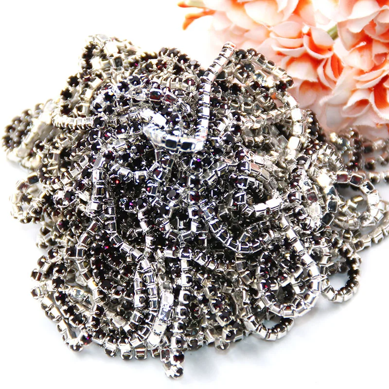 New 5yard/pack High quality Sliver base Deep Purple glass crystal Rhinestones Cup Chain DIY clothing/Wedding dress Accessories | Дом и сад