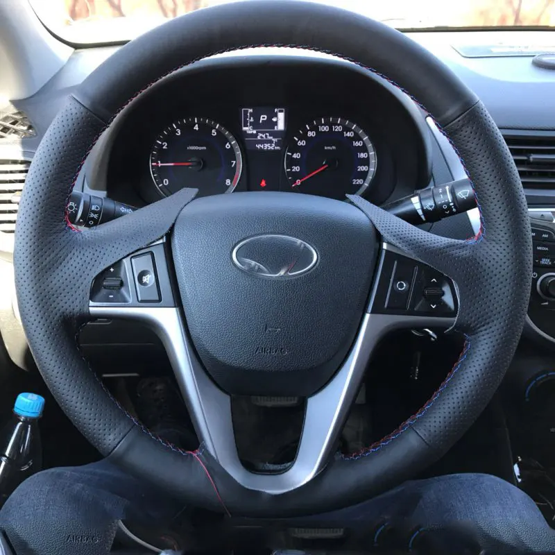 LUNDA черный кожаный чехол рулевого колеса автомобиля для hyundai Solaris Verna i20 2008-2012 Accent
