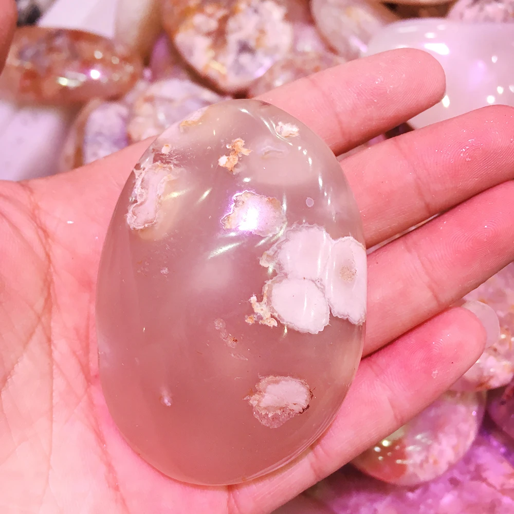 

DS Natural Polished Cherry Blossom Agate Tumbled Palm Quartz Crystal Worry Stone Reiki Healing Crystal Stone Home Decoration