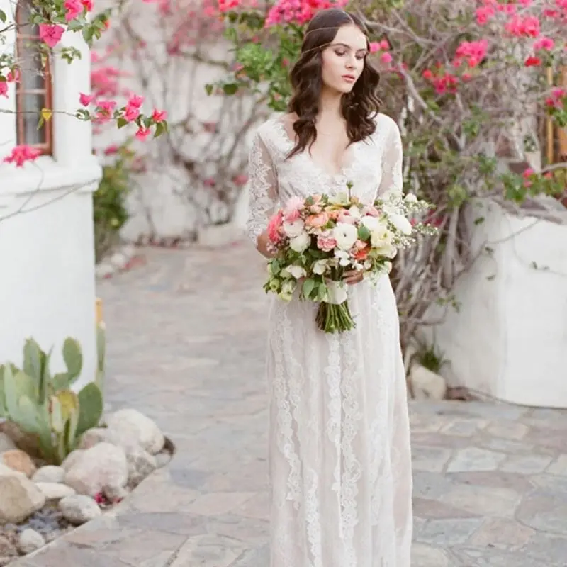 

Robe De Mariage 2020 Half Sleeves Wedding Dresses Boho V-Neck Exquisite Lace Chic Wedding Dress Bridal Gowns