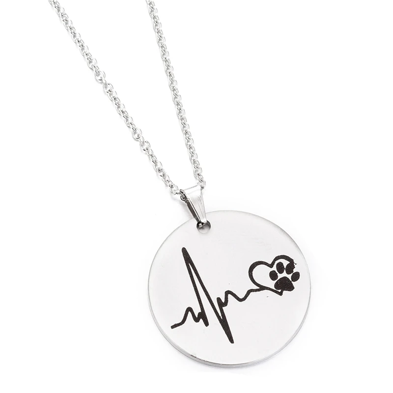 Yiustar Tiny Round Shape Electrocardiogram Necklace Boys Girls Love Stainless Steel Pet Paw Necklaces Women Accessories | Украшения и