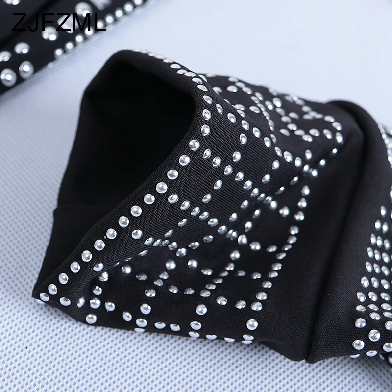 ZJFZML, черные стразы, Ретро стиль, комплект из двух предметов, для женщин, глубокий v-образный вырез, полный рукав, оболочка, куртка, сексуальная, высокая талия, для вечеринки, короткая