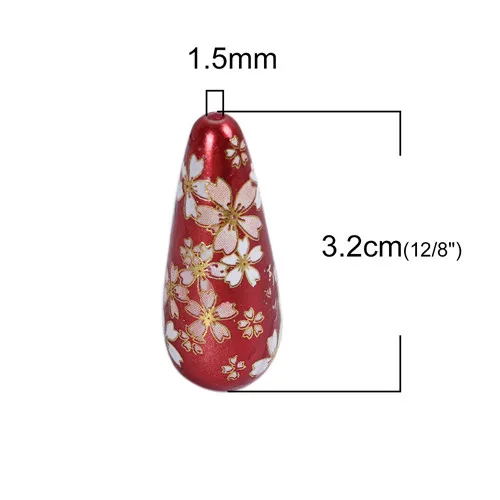 DoreenBeads акриловые картины винтажные японские Tensha Spacer Бусины капли воды Сакура цветок 32 мм(1 2/") x 13 мм(4/8"), 3 шт - Цвет: Red