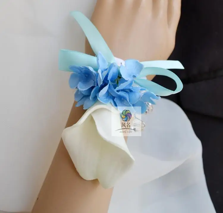 Wrist Flower Свадебные корсажи ручной работы жених бутоньерка Невеста Подружка невесты на запястье цветок синий белый искусственный ПУ Калла цветы лилии - Цвет: Wrist Flower
