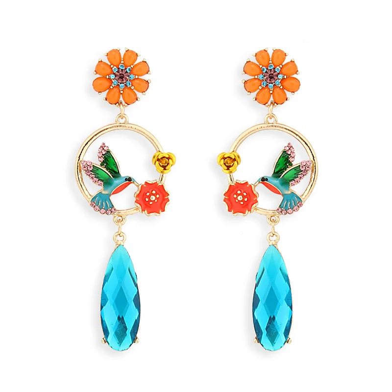 Женские серьги подвески с цветком и птицей модные стразы ювелирные изделия