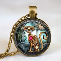 mechine cat clock steampunk pendant vintage necklace charming chain 1pcslot women men fashion toy cosplay