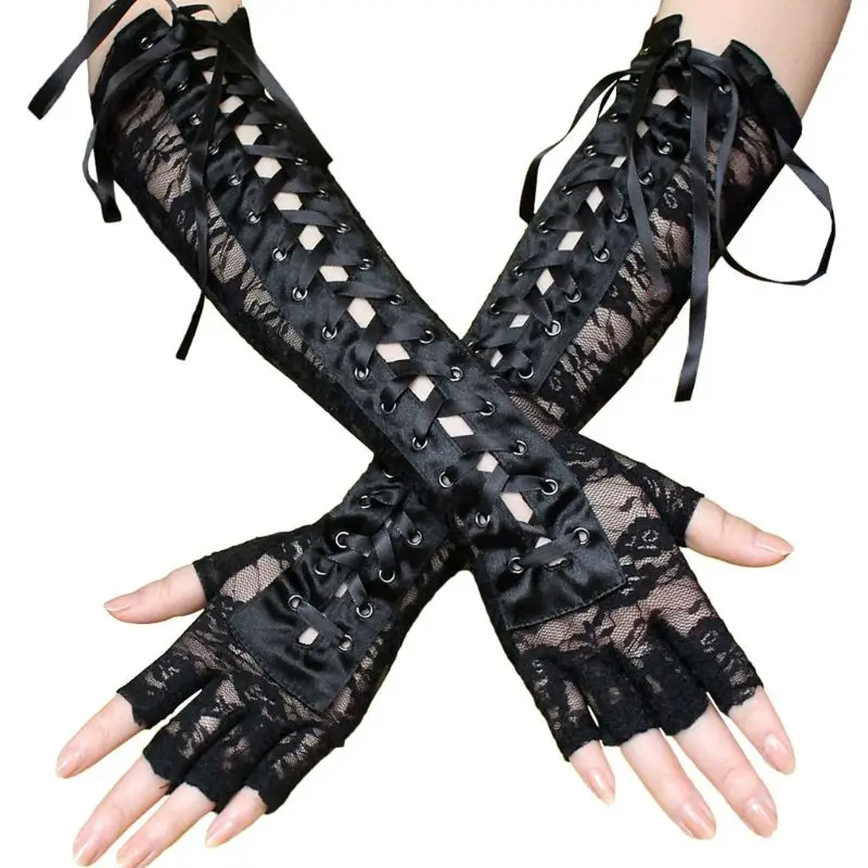 

Women Sexy Floral Lace Elbow Length Half-Finger Gloves Black String Ribbon Ties Up Disco Dance Party Fingerless Fishnet Mesh