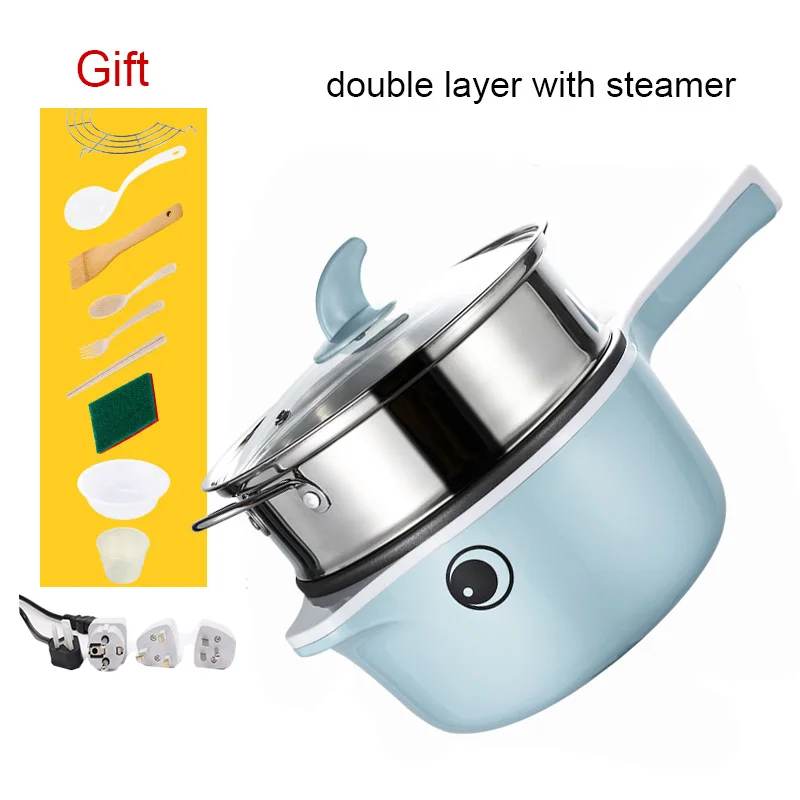 Blue with steamer 220 В многофункциональная электрическая плита с подогревом, электрическая кастрюля для приготовления пищи, машина для приготовления лапши, яиц, супа, пароварка, Мини рисоварка - Цвет: Blue with steamer