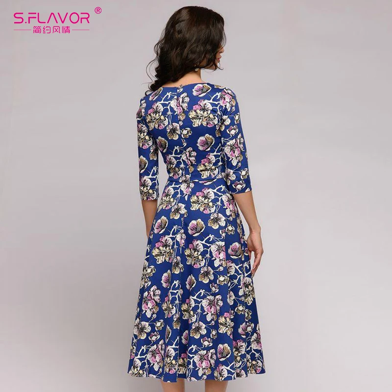 S.FLAVOR Women A line Style 3/4 Sleeve Slim Casual Dress Autumn Mid Calf Vintage Vestidos De Festa Elegant V Neck Sexy Dresses|Женские