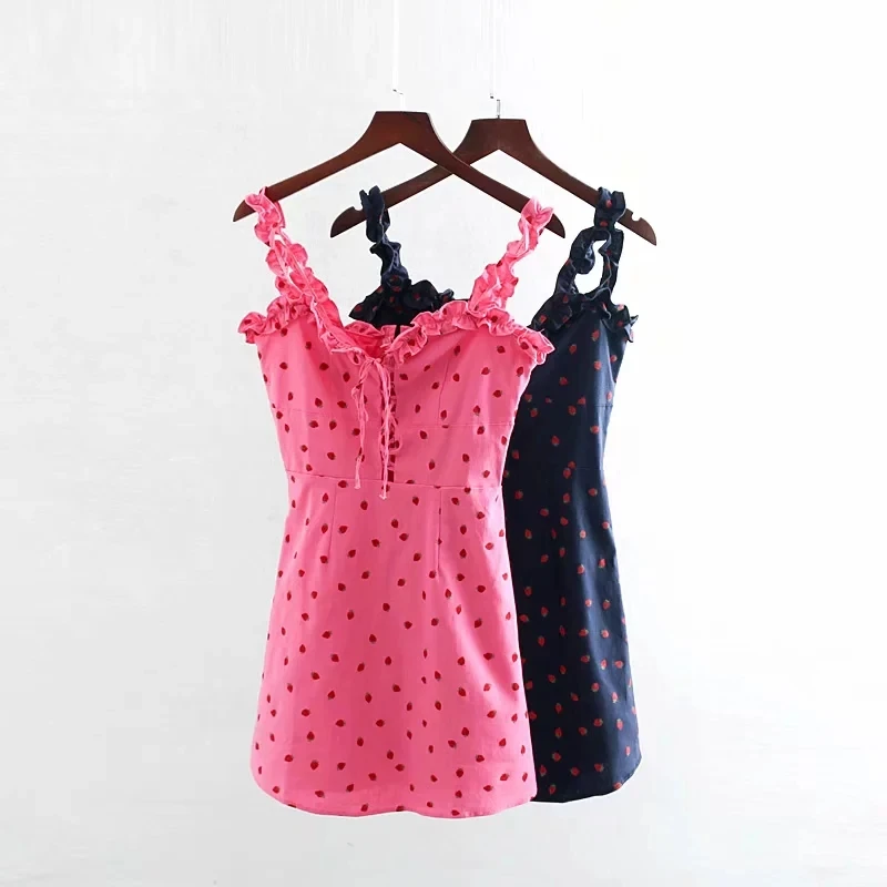 Женское мини платье с клубничным принтом летнее 2019 Милое сексуальное пляжное на