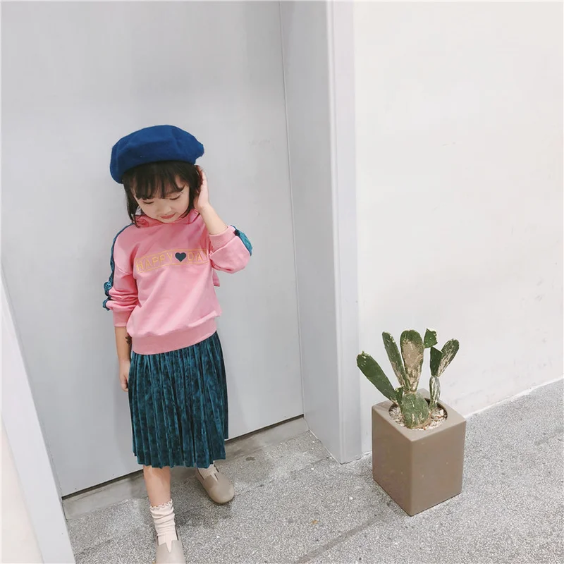 2018 New Kids Girls Hoodies Sweatshirt Top+ Velvet Pleated long Dress Children girls Clothing Set Casual Fashion 2pcs set | Детская