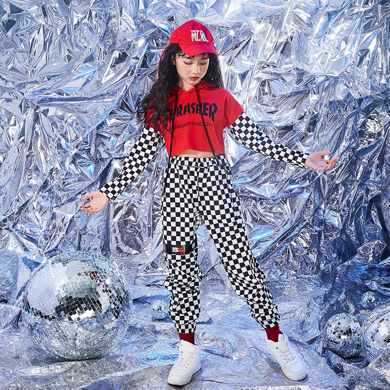 Новый детский уличный танцевальный костюм женский черно белый клетчатый с