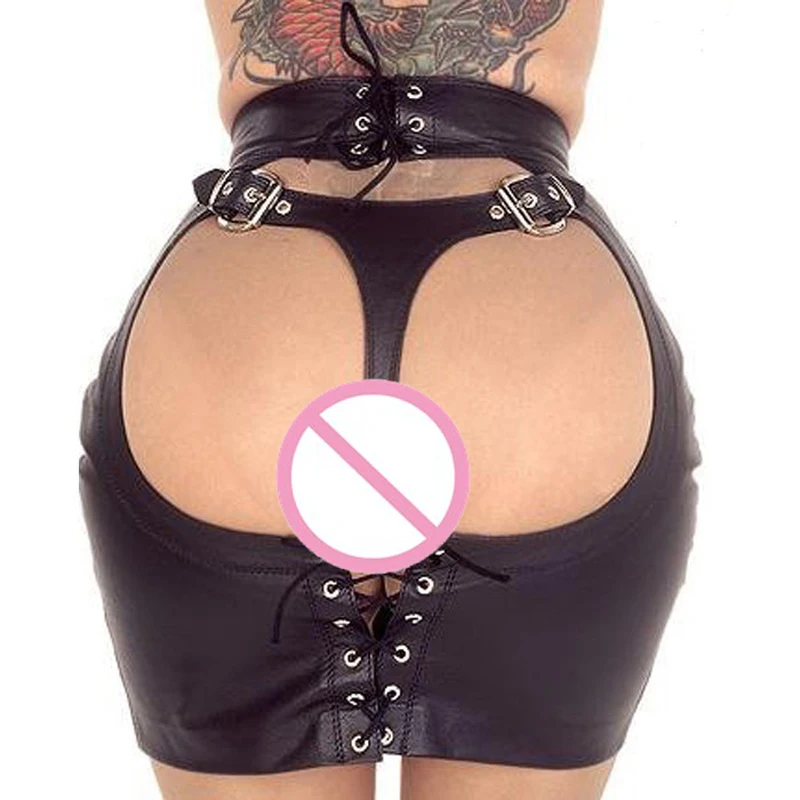 

New Sexy Punk Abjustable Bandage Pole Dance Panties Faux Leather Skirt Laced Back Spanking Gay Wear Erotic lingerie FX1036