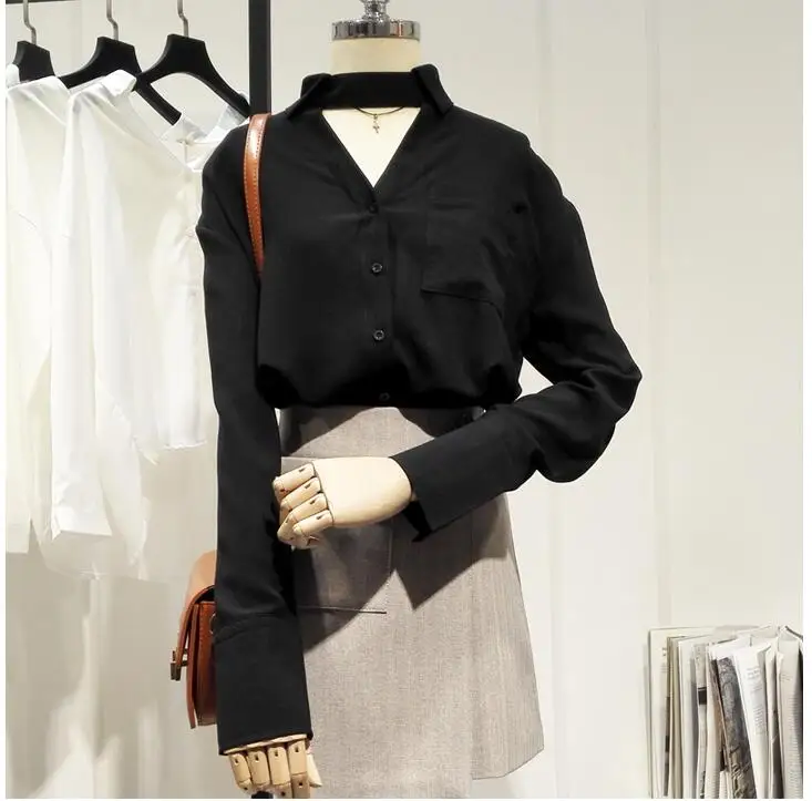 

Women's spring autumn Long sleeve halter neck black chiffon shirt female casual loose basic OL Shirt plus size chic Blouse TB470