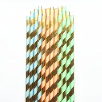 Metallic Gold and Mint Green/Blue/Coral Striped Paper Drinking Straws for Christmas Event Party Suplies,Mason Jar Decor