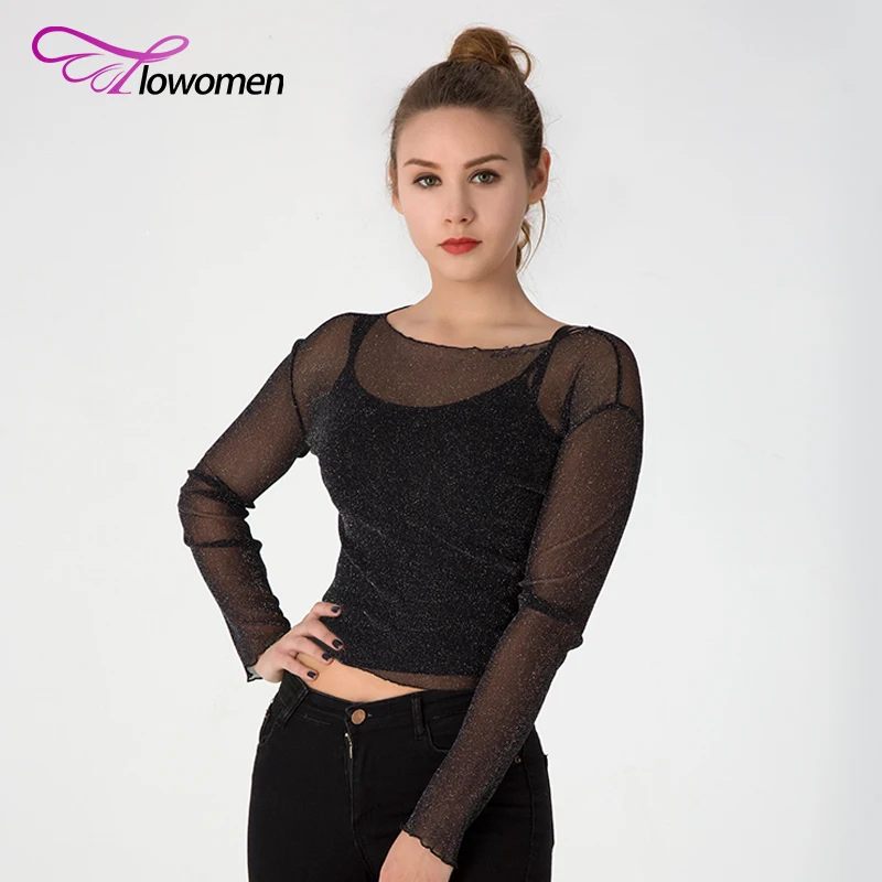 FLOWOMEN новый летний блеск сетки блузка пикантные женские с длинным рукавом