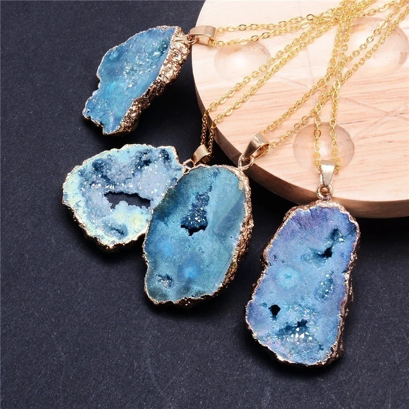 

New Fashion Geometric Natural Irregular Rock Druzy Stone Pendant Necklaces Vintage Crystal Geode Slice Necklace Gift