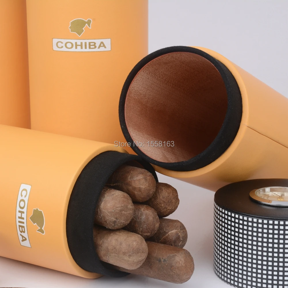 COHIBA для путешествий, сигара кожаный чехол Дерево кедра с подкладкой трубки мини-коробка с увлажнителем внутри с длинным увлажнитель гигрометр