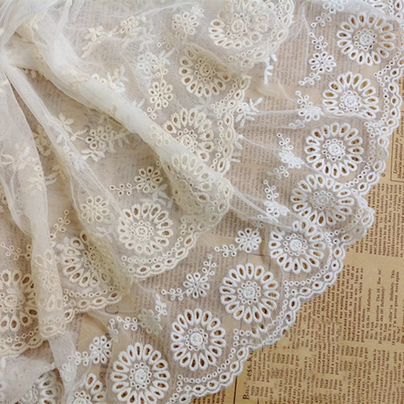 

5yards 25cm wide Beige/White cotton mesh embroidery lace fabric for women dress sewing mesh lace trim-QX