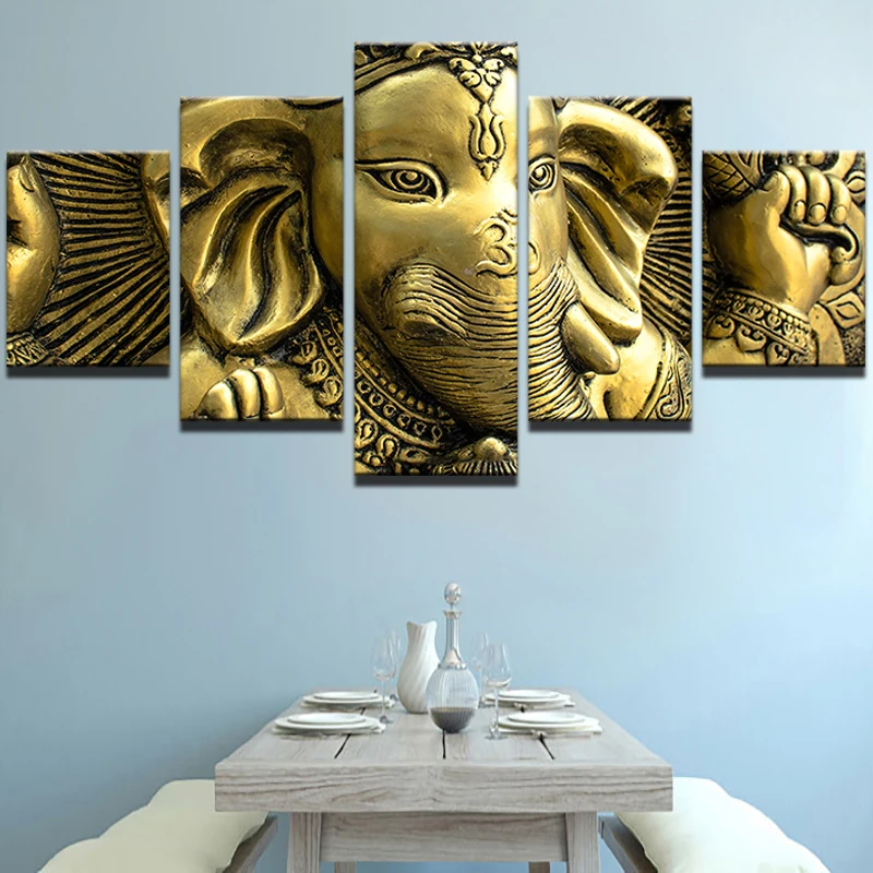 

Canvas Wall Art Pictures Home Decor Living Room HD Printed 5 Piece India Elephant Head God Ganesh Painting Modular Poster