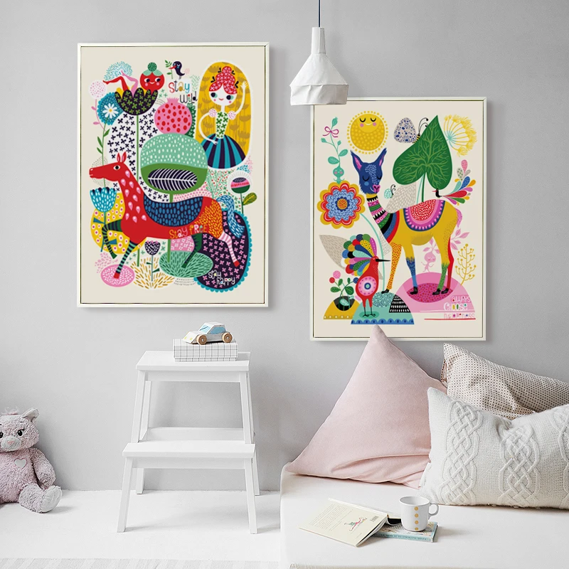 FGHGF Simple Cartoon Animals Colorful World Canvas Painting Art Wall Print Picture Poster Mural Children Bedroom Decor | Дом и сад