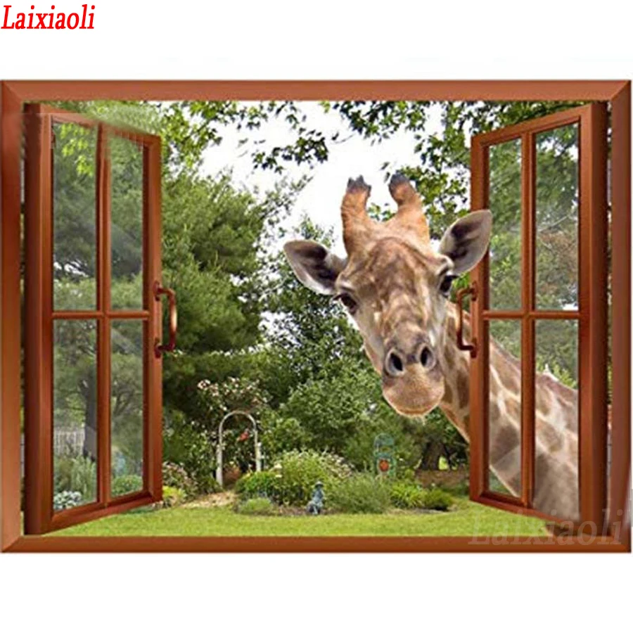 Full Square/Round 5D Diy Diamond Painting giraffe Cross Stitch &quotWindow Scenery &quot 3D Embroidery Mosaic Home Decoration | Дом и сад