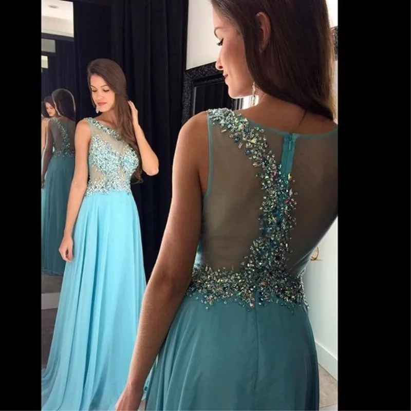 

Sexy Long Prom Dresses 2017 Scoop Sleeveless A-Line Floor Length Beading Chiffon Evening Party Dresses Vestido de festa