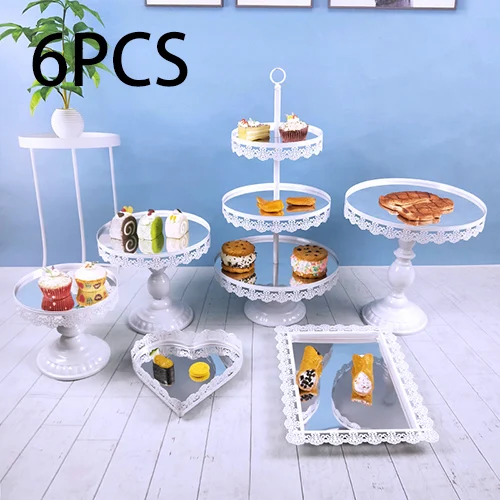 6pcs White Tobs 7 шт./компл. свадебный торт стенд Набор для вечерние украшения с кружевным краем серебро зеркало торт инструменты печенье платформа отображения - Цвет: 6pcs White