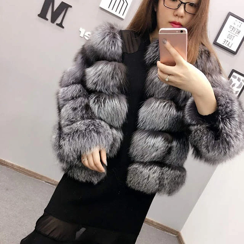 Silver Fox Horizontal Long Section Short Fur Ladies Coat Coat Xuan Fox Fox Fur Grass Single-Breasted Slim Women'S Warm Jacket06