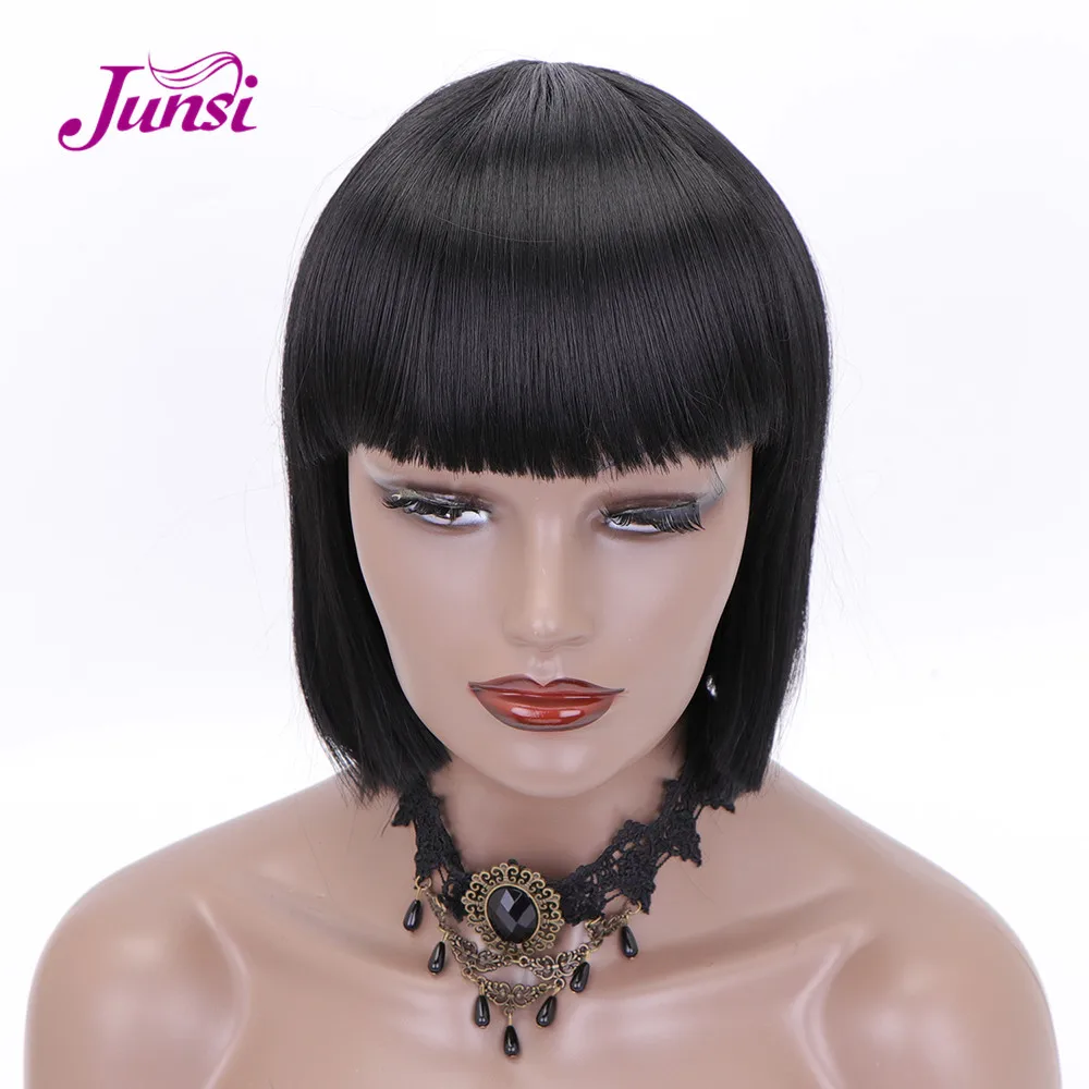 

JUNSI Short Black Bob Synthetic Wig for Women High Temperature Fiber Straight Lolita Wig Overwatch Cosplay Wig Bob Hair