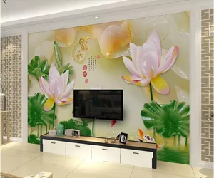 Фотообои под заказ, beibehang, новые 3d обои с резьбой по китайскому нефриту, статуей и богатыми девятью рыбками, пионами, фоном для телевизора