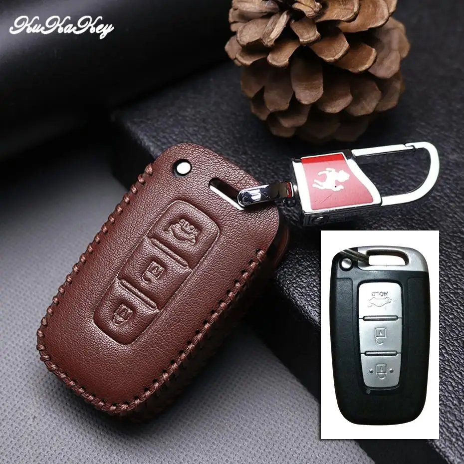 3Button Brown Для hyundai Solaris I30 IX35 туксонский акцент Getz Elantra Sonata Mistra Kona Santa fe кожаный чехол для ключей автомобиля брелоки на сумку Fob - Название цвета: 3Button Brown
