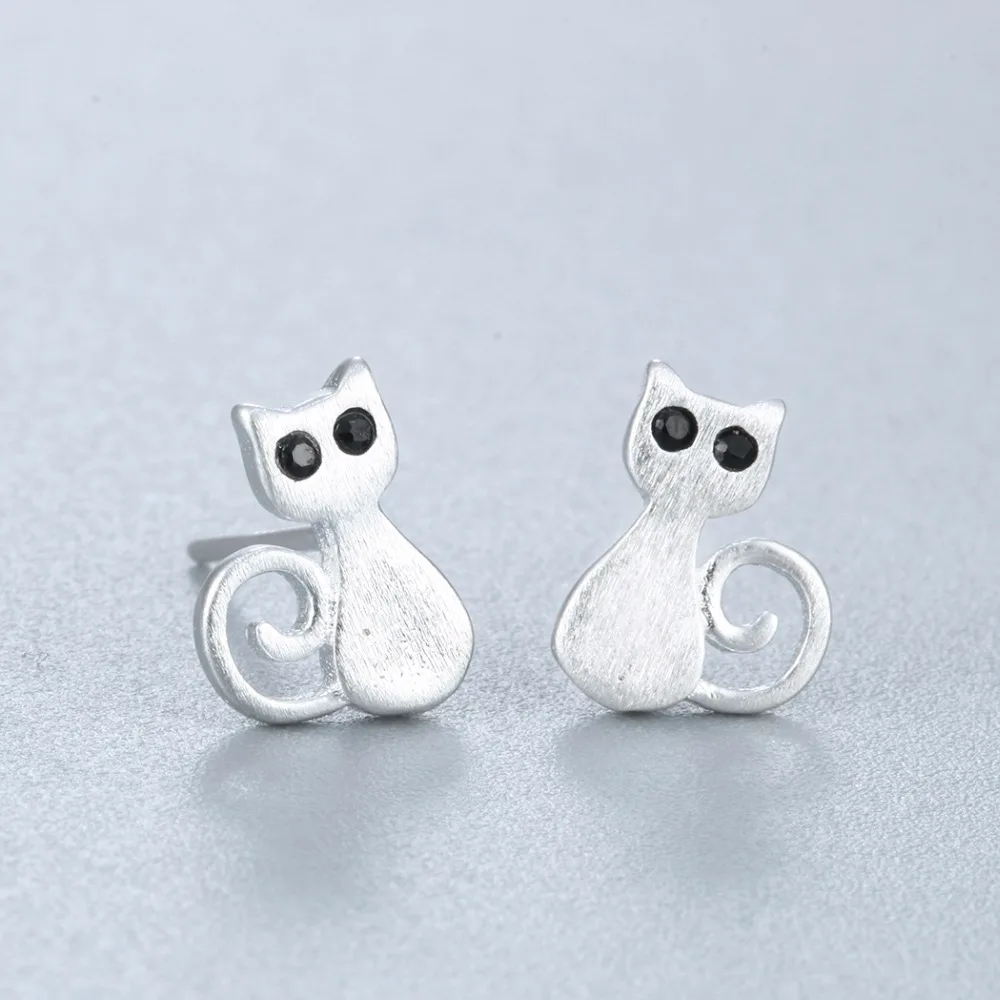 Kinitial Серебро 925 Симпатичные прекрасный кот серьги животного Kitty черный глаз Стад